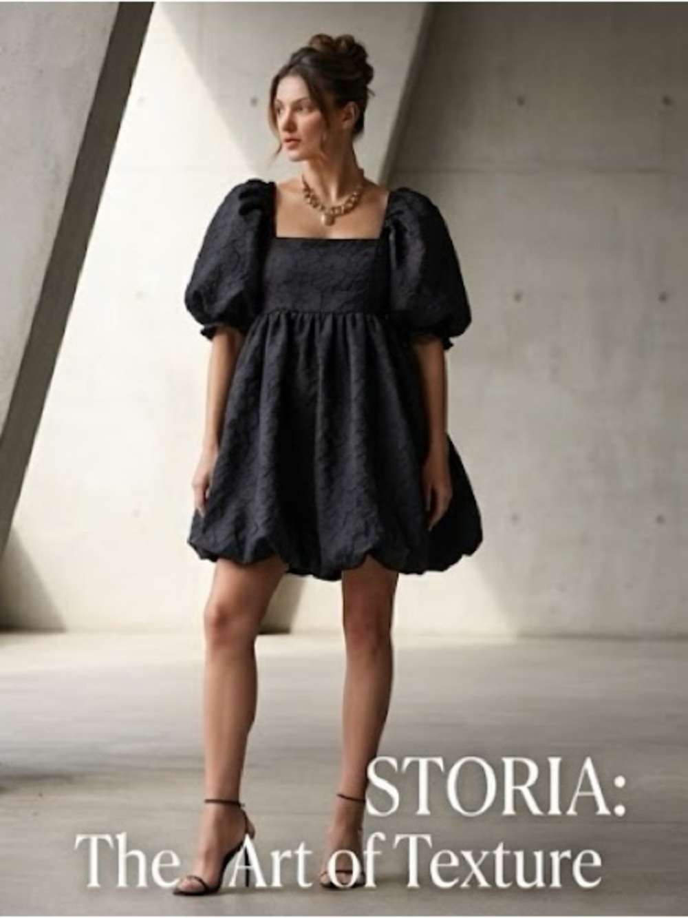 STORIA Bubble Hem Mini Dress Black Textured Jacquard Puff Sleeve Square Neck
